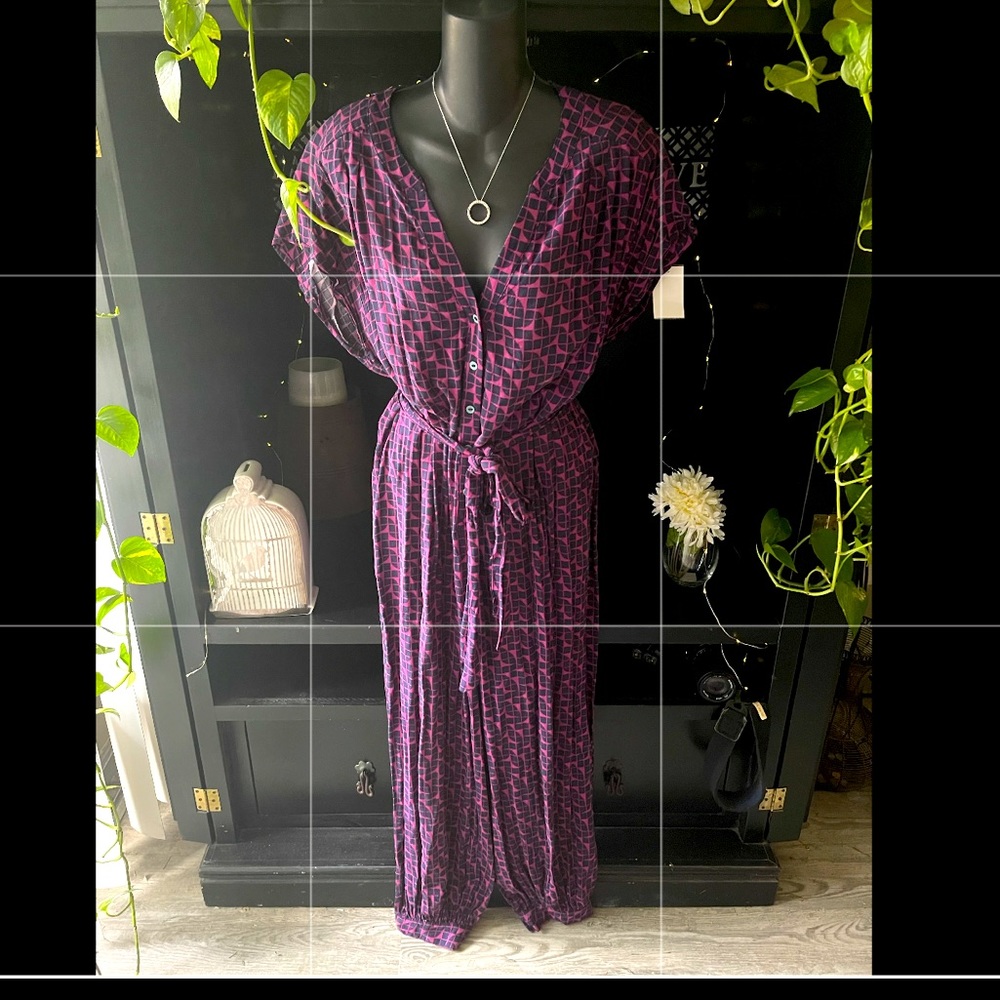 Raspberry And Navy Jumpsuit With Side Pockets Tea… - image 1